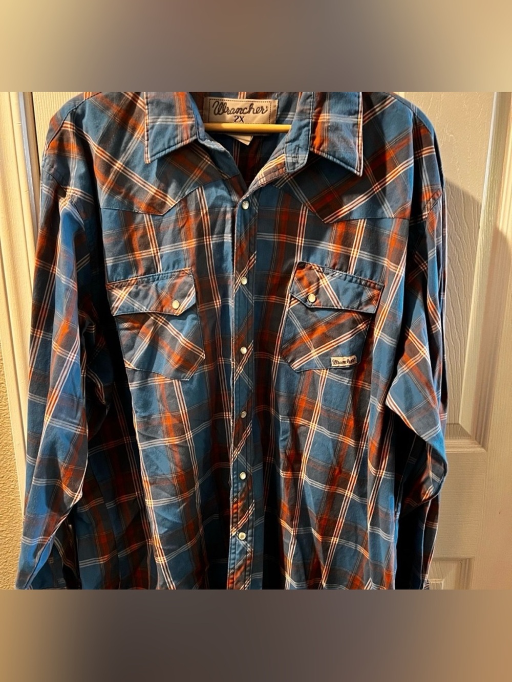 Wrangler Blue and Orange Plaid Western Button-Down Shirt